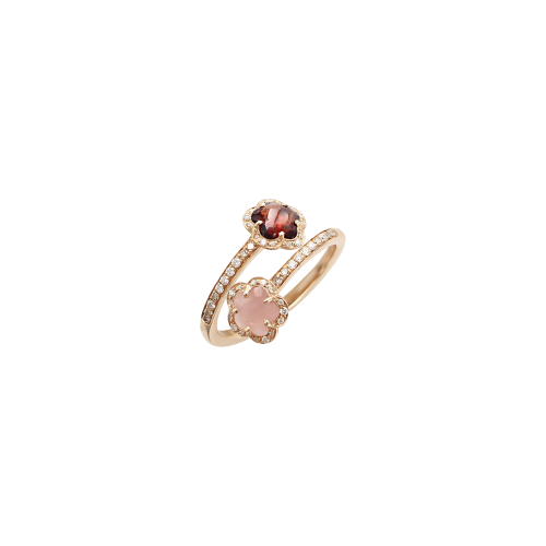 ANELLO FIGLIA DEI FIORI IN ORO ROSA CON CALCEDONIO ROSA, GRANATO ROSSO E DIAMANTI  - 15958R - 15958R