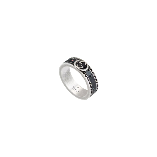ANELLO GUCCI INTERLOCKING IN ARGENTO E SMALTO GRANIGLIA NERO - YBC645573002