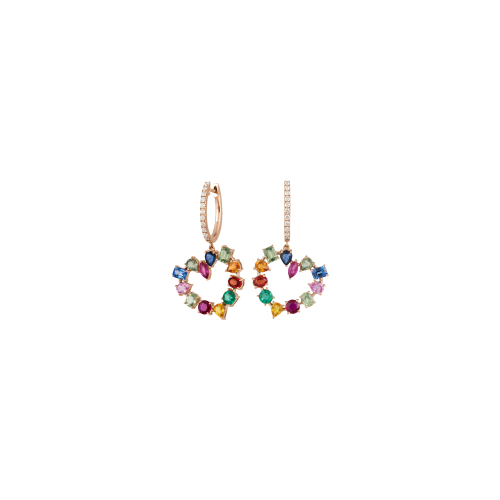 ORECCHINI  RAINBOW CON CUORE PENDENTE IN ORO ROSA CON DIAMANTI E ZAFFIRI MULTICOLOR - KE1355/MS