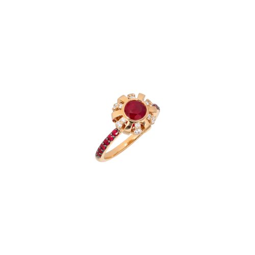 ANELLO CORONA IN ORO ROSA CON DIAMANTI E RUBINI - VR28849RUDP