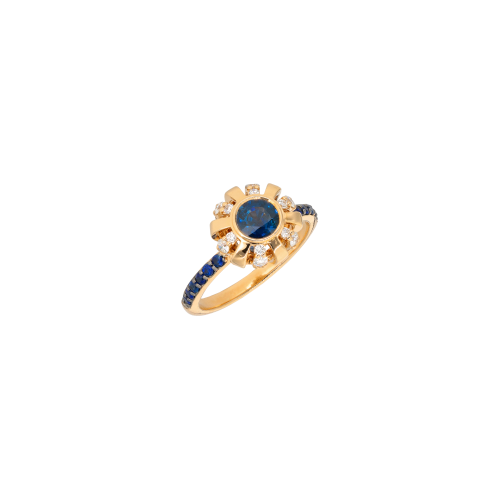 ANELLO CORONA IN ORO ROSA CON DIAMANTI E ZAFFIRI BLU - VR28849SBDP