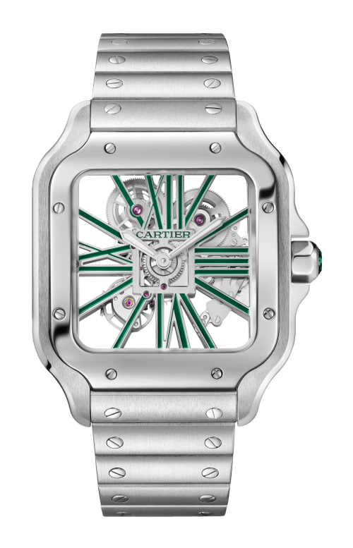 SANTOS DE CARTIER, MODELLO GRANDE,  SCHELETRATO, ACCIAIO, MANUALE - WHSA0028