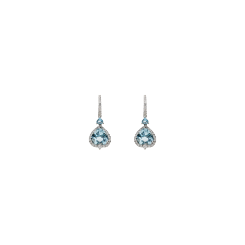 ORECCHINI IN ORO BIANCO CON ACQUAMARINA CUORI PENDENTI E PAVÉ DI DIAMANTI - 372-3478