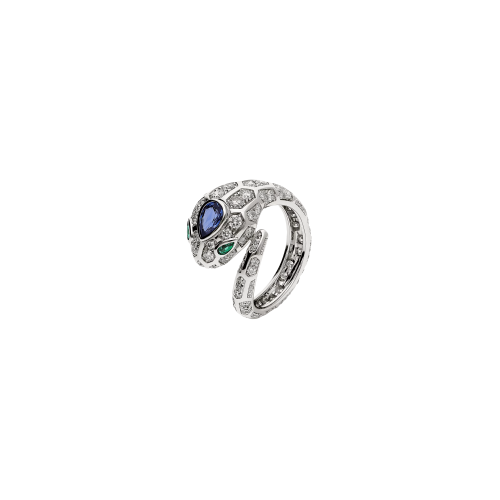 ANELLO SERPENTI IN ORO BIANCO CON ZAFFIRO BLU SULLA TESTA, OCCHI DI SMERALDO E PAVÉ DI DIAMANTI - AN858337 - AN858337