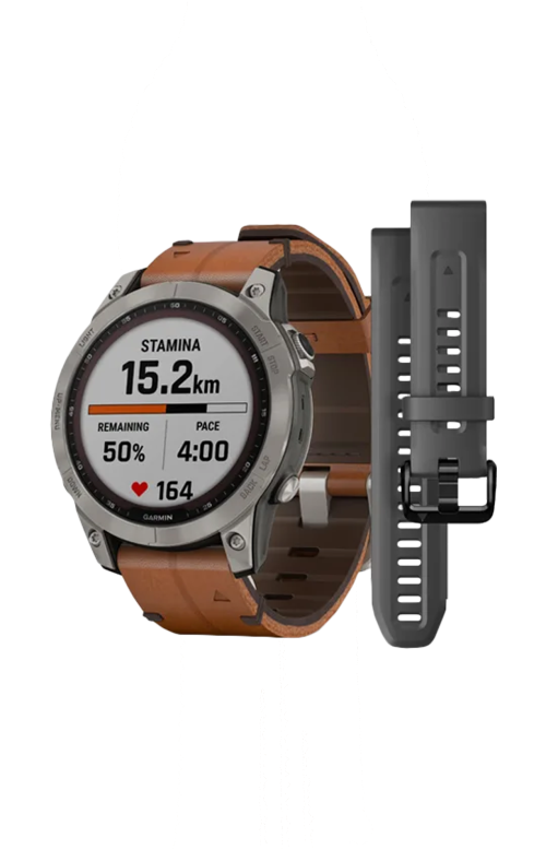 FĒNIX® 7 – SAPPHIRE SOLAR EDITION TITANIUM CON CINTURINO IN PELLE CHESTNUT - 010-02540-31