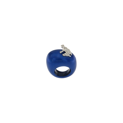 ANELLO HAPPY FROG CON RANA IN ORO BIANCO E DIAMANTI SU BASE MEDIA IN CATAFORESI BLUETTE - DHF07ANAKBBDI