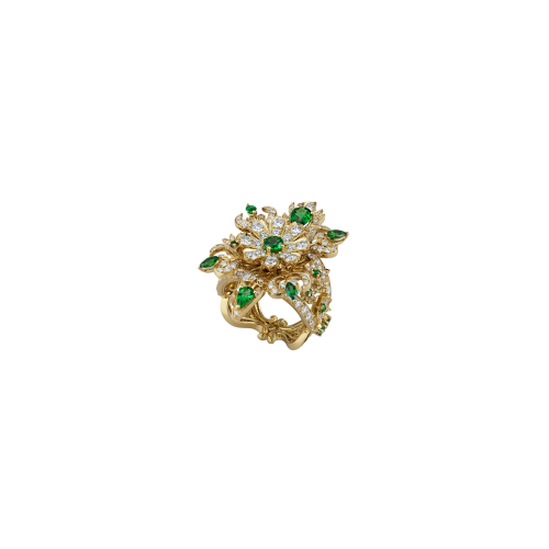 ANELLO GUCCI FLORA FLOWERS IN ORO GIALLO CON DIAMANTI E TSAVORITI - YBC6791340020