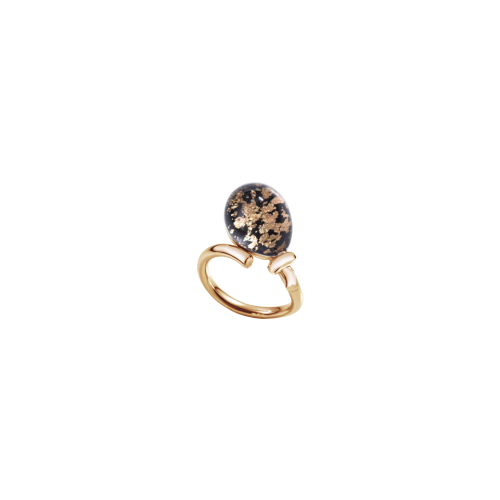 ANELLO PALLONCINO IN ORO ROSA 18K, GIADA NERA, FOGLIA D'ORO ROSA E CRISTALLO DI ROCCA