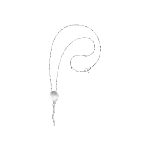 PENDENTE PALLONCINO IN ORO BIANCO RODIATO, DIAMANTI, MADREPERLA BIANCA E CRISTALLO DI ROCCA