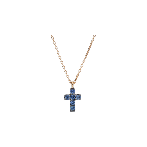 COLLANA IN ORO ROSA CON CROCE IN PAVÉ DI ZAFFIRI BLU - 247055