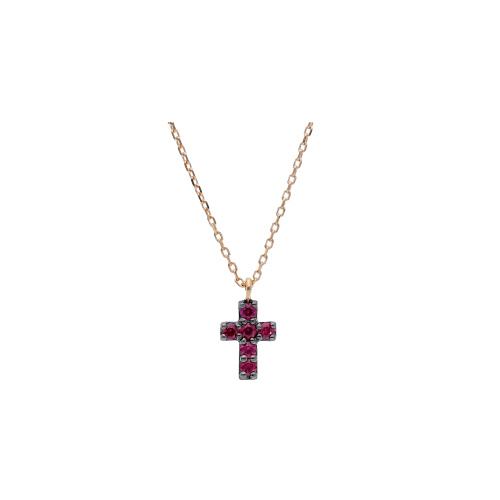 COLLANA IN ORO ROSA CON CROCE IN PAVÉ DI RUBINI - 247054