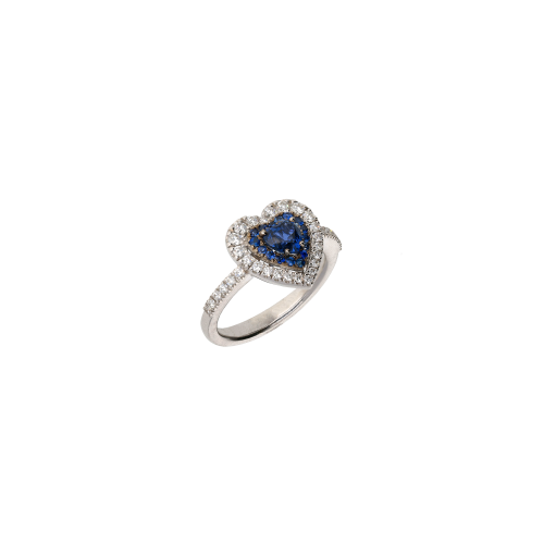 ANELLO CUORE IN ORO BIANCO CON DIAMANTI E ZAFFIRO BLU - 1AN1480921/4