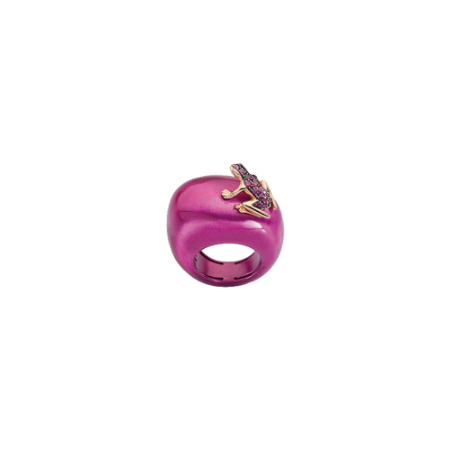 ANELLO HAPPY FROG CON RANA IN ORO ROSA E RUBINI SU BASE GRANDE IN CATAFORESI FUCSIA - DHF08ANAFRNRU - DHF08ANAFRNRU