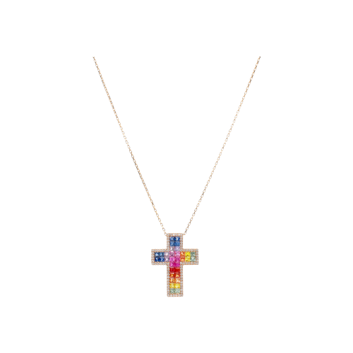 COLLANA IN ORO ROSA CON CROCE PENDENTE IN PAVÉ DI ZAFFIRI MULTICOLOR E DIAMANTI - KP1042/MS