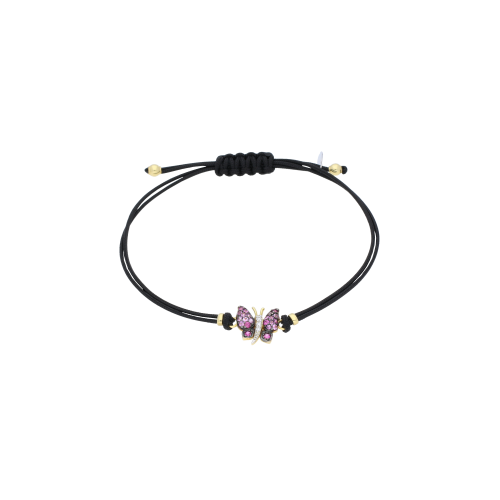 BRACCIALE IN CORDA CON FARFALLA IN ORO ROSA DIAMANTI E ZAFFIRI