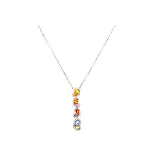 COLLANA RAINBOW IN ORO ROSA CON PENDENTE CUORI IN ZAFFIRI MULTICOLOR E DIAMANTI - N00850RB11