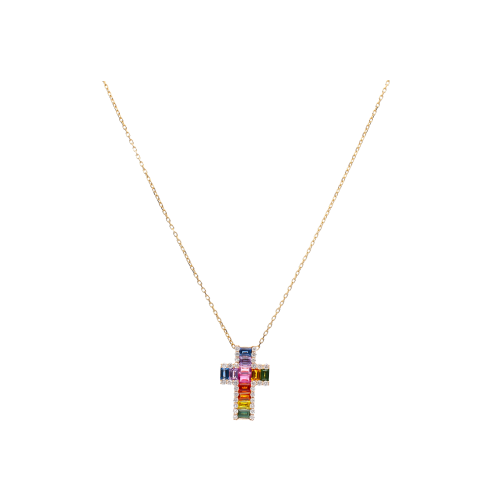 COLLANA IN ORO ROSA CON CROCE PENDENTE IN PAVÉ DI ZAFFIRI MULTICOLOR E DIAMANTI - P00587RB11