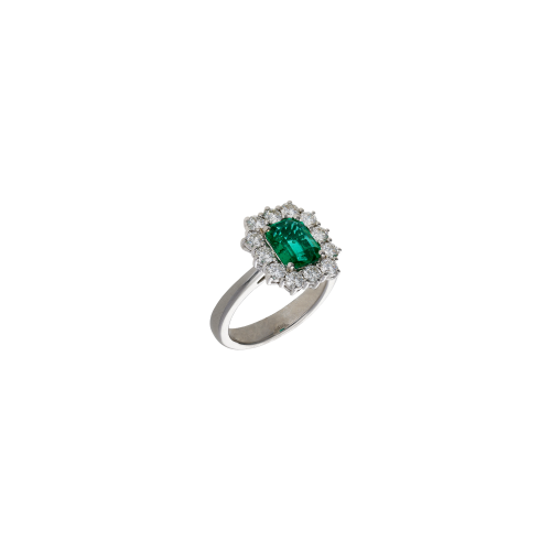 ANELLO IN ORO BIANCO CON SMERALDO CENTRALE E CONTORNO DIAMANTI - 326-CONT-AN