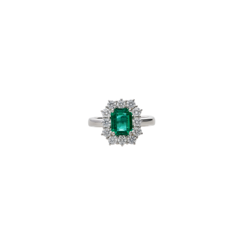 ANELLO IN ORO BIANCO CON SMERALDO CENTRALE E CONTORNO DIAMANTI - 326-CONT-AN