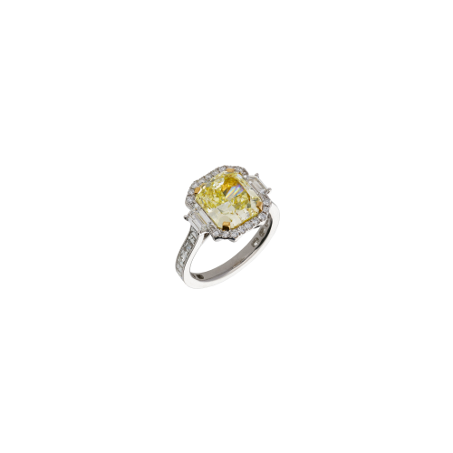 ANELLO IN ORO BIANCO CON DIAMANTE FANCY YELLOW CERTIFICATO GIA E DIAMANTI BIANCHI - 000-5383NS