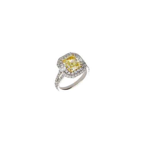 ANELLO IN ORO BIANCO CON DIAMANTE FANCY YELLOW CERTIFICATO GIA E DIAMANTI BIANCHI - 000-4982NS