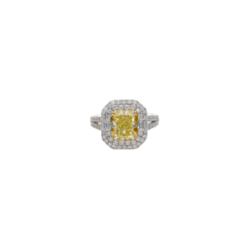 ANELLO IN ORO BIANCO CON DIAMANTE FANCY YELLOW CERTIFICATO GIA E DIAMANTI BIANCHI - 000-4982NS