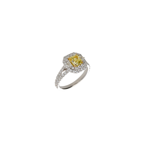 ANELLO IN ORO BIANCO CON DIAMANTE FANCY YELLOW CERTIFICATO GIA E DIAMANTI BIANCHI - 000-4982NS