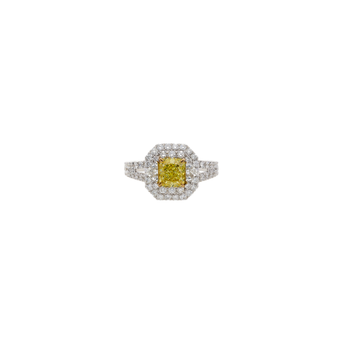 ANELLO IN ORO BIANCO CON DIAMANTE FANCY YELLOW CERTIFICATO GIA E DIAMANTI BIANCHI - 000-4982NS