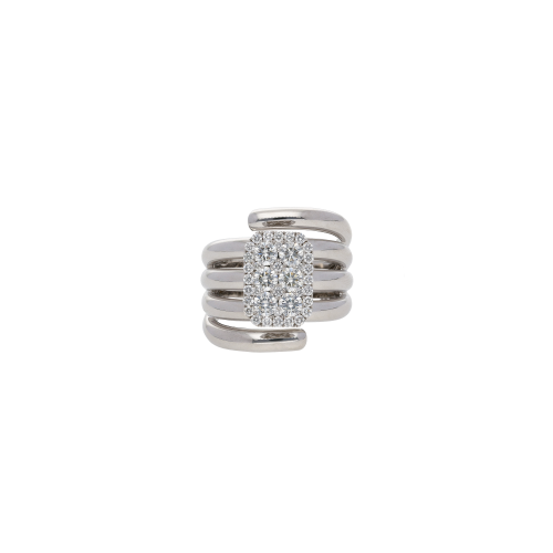 ANELLO FASCIA ALTA ORO BIANCO CON ELEMENTO CENTRALE IN PAVÉ DI DIAMANTI BIANCHI - 1AN0271660/3