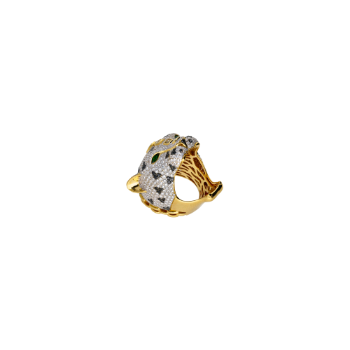ANELLO BARTORELLI COLLEZIONE ANIMALIER GIAGUARO IN ORO GIALLO CON DIAMANTI FANCY YELLOW CENTRALI TAGKIO GOCCIA, OVALE E CUSCINO. MACCHIE DI DIAMANTI NERI TAGLIO BRILLANTE E PAVE' DI DIAMANTI BIANCHI TAGLIO BRILLANTE. OCCHI DI TZAVORITE VERDE TAGLIO NAVETTE - FOREST020