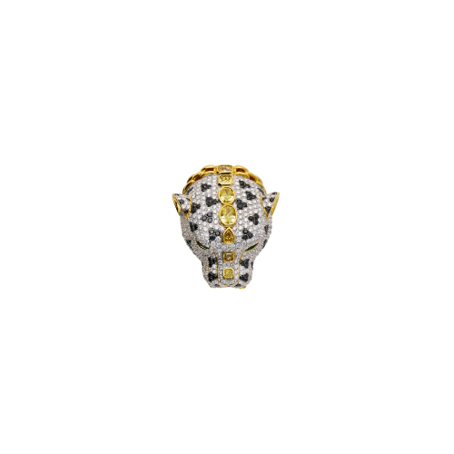ANELLO BARTORELLI COLLEZIONE ANIMALIER GIAGUARO IN ORO GIALLO CON DIAMANTI FANCY YELLOW CENTRALI TAGKIO GOCCIA, OVALE E CUSCINO. MACCHIE DI DIAMANTI NERI TAGLIO BRILLANTE E PAVE' DI DIAMANTI BIANCHI TAGLIO BRILLANTE. OCCHI DI TZAVORITE VERDE TAGLIO NAVETTE - FOREST020
