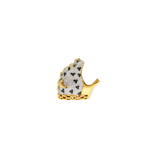 ANELLO BARTORELLI COLLEZIONE ANIMALIER GIAGUARO IN ORO GIALLO CON DIAMANTI FANCY YELLOW CENTRALI TAGKIO GOCCIA, OVALE E CUSCINO. MACCHIE DI DIAMANTI NERI TAGLIO BRILLANTE E PAVE' DI DIAMANTI BIANCHI TAGLIO BRILLANTE. OCCHI DI TZAVORITE VERDE TAGLIO NAVETTE - FOREST020