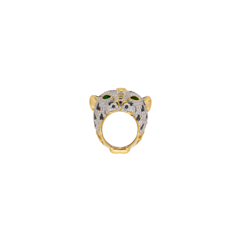 ANELLO BARTORELLI COLLEZIONE ANIMALIER GIAGUARO IN ORO GIALLO CON DIAMANTI FANCY YELLOW CENTRALI TAGKIO GOCCIA, OVALE E CUSCINO. MACCHIE DI DIAMANTI NERI TAGLIO BRILLANTE E PAVE' DI DIAMANTI BIANCHI TAGLIO BRILLANTE. OCCHI DI TZAVORITE VERDE TAGLIO NAVETTE - FOREST020