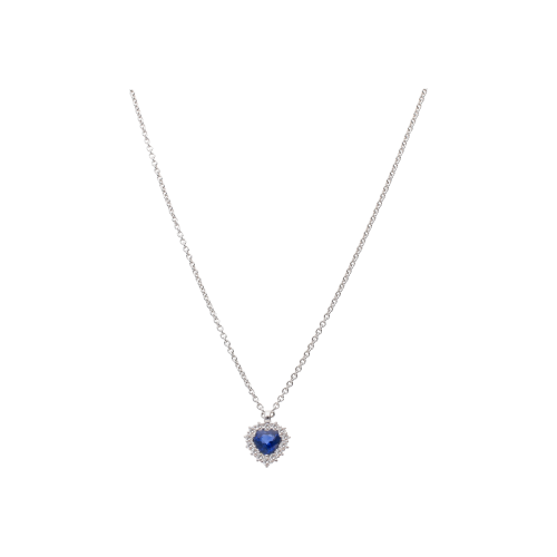 COLLANA GIROCOLLO IN ORO BIANCO CON PENDENTE ZAFFIRO BLU TAGLIO CUORE E CONTORNO DI DIAMANTI - 234-5955-6-6