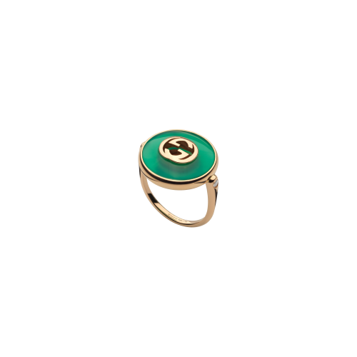 ANELLO GUCCI INTERLOCKING GRANDE IN ORO ROSA E AGATA VERDE - YBC786604002