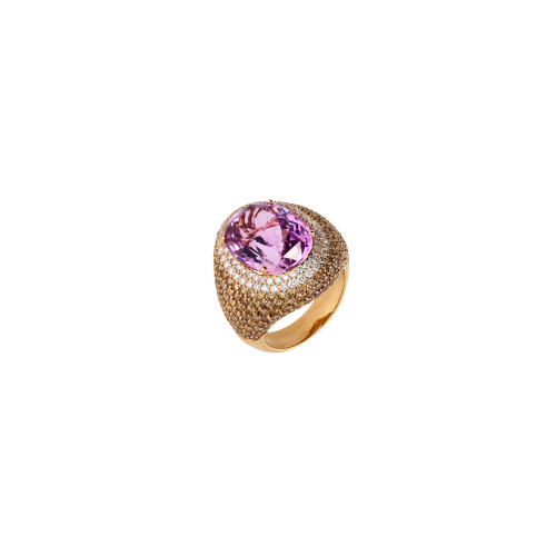 ANELLO IN ORO ROSA CON KUNZITE ROSA, DIAMANTI BIANCHI E PAVÉ DI DIAMANTI BROWN - VR08595DDBKUP