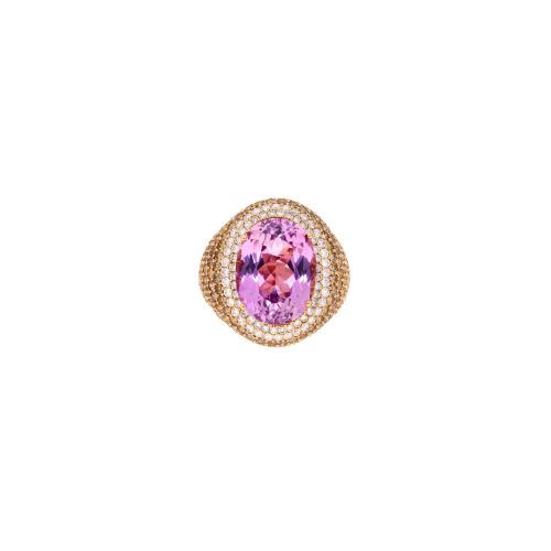 ANELLO IN ORO ROSA CON KUNZITE ROSA, DIAMANTI BIANCHI E PAVÉ DI DIAMANTI BROWN - VR08595DDBKUP