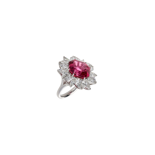 ANELLO FIORE GRANDE IN ORO BIANCO CON TORMALINA ROSA CERTIFICATA CDC DUNAIGRE E DIAMANTI - 159-C678