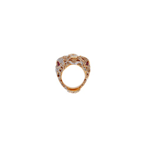 ANELLO BARTORELLI COLLEZIONE ANIMALIER DRAGO IN ORO ROSA CON DIAMANTI FANCY YELLOW TAGLIO GOCCIA ,  RUBINI NATURALI TAGLIO NAVETTE E PAVÉ DI DIAMANTI BIANCHI E BROWN - FOREST010