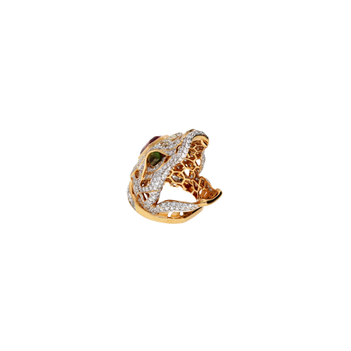 ANELLO BARTORELLI COLLEZIONE ANIMALIER TESTA DI SERPENTE IN ORO ROSA CON TORMALINA ROSA TAGLIO ESAGONALE CENTRALE , PAVE' DI DIAMANTI BIANCHI TAGLIO BRILLANTE E DIAMANTI BROWN E  FANCY YELLOW TAGLIO BRILLANTE - FOREST023