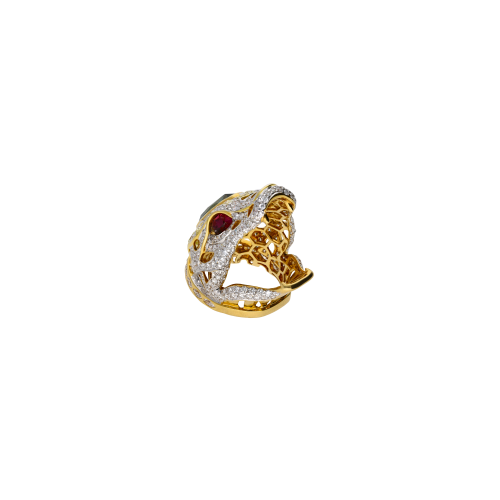 ANELLO BARTORELLI COLLEZIONE ANIMALIER TESTA DI SERPENTE IN ORO GIALLO CON TORMALINA VERDE TAGLIO GOCCIA CENTRALE  E PAVE' DI DIAMANTI BIANCHI TAGLIO BRILLANTE E DIAMANTI FANCY YELLOW TAGLIO OVALE , OCCHI DI RUBINI TAGLIO NAVETTE - FOREST024