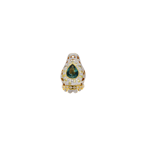 ANELLO BARTORELLI COLLEZIONE ANIMALIER TESTA DI SERPENTE IN ORO GIALLO CON TORMALINA VERDE TAGLIO GOCCIA CENTRALE  E PAVE' DI DIAMANTI BIANCHI TAGLIO BRILLANTE E DIAMANTI FANCY YELLOW TAGLIO OVALE , OCCHI DI RUBINI TAGLIO NAVETTE - FOREST024