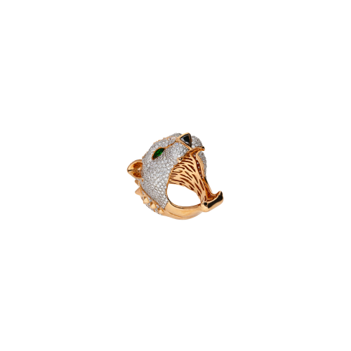 ANELLO BARTORELLI COLLEZIONE ANIMALIER PANTERA IN ORO ROSA CON DIAMANTE FANCY YELLOW TAGLIO GOCCIA CENTRALE CERTIFICATO GIA, CONTORNO DI PARAIBE NATURALI TAGLIO BRILLANTE E PAVÉ DI DIAMANTI BIANCHI , OCCHI DI TZAVORITE TAGLIO NAVETTE - FORBIDDENFOREST035