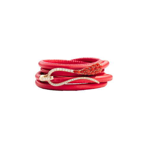 BRACCIALE IN PELLE CORALLO ELIKA PAVÉ IN ORO ROSA CON DIAMANTI E CORALLO - DEK23BRRRCODIXQ