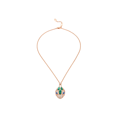 COLLANA SERPENTI IN ORO ROSA 18 KT, PENDENTE CON OCCHI DI ZAFFIRO BLU CON ELEMENTI IN MALACHITE E PAVE' DI DIAMANTI