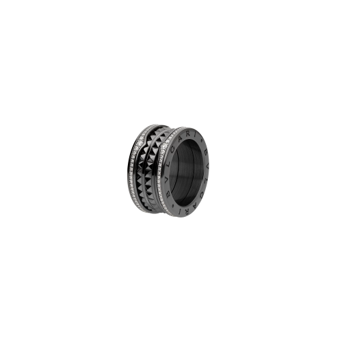 ANELLO B.ZERO1 ROCK A 4 FASCE IN CERAMICA NERA CON PAVÉ DI DIAMANTI E SPIRALE CON BORCHIE - AN859390