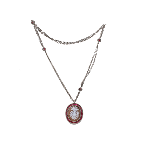 COLLANA IN TITANIO SABBIATO CON CIONDOLO CAMMEO CUORE E RUBINI - SCO9CRUB