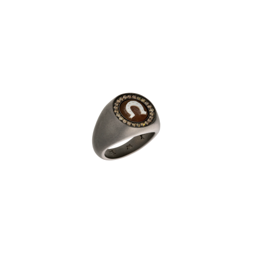 ANELLO CHEVALIER IN TITANIO SABBIATO CON DIAMANTI BROWN E CAMMEO FERRO DI CAVALLO - SAN5FDBR
