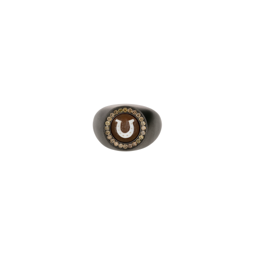 ANELLO CHEVALIER IN TITANIO SABBIATO CON DIAMANTI BROWN E CAMMEO FERRO DI CAVALLO - SAN5FDBR