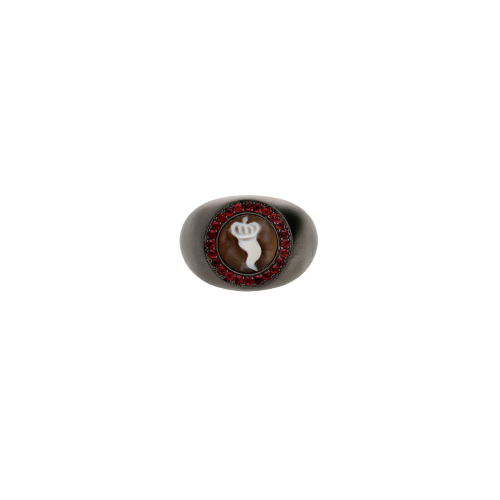 ANELLO CHEVALIER IN TITANIO SABBIATO CON RUBINI E CAMMEO CORNETTO - SAN5LRUB